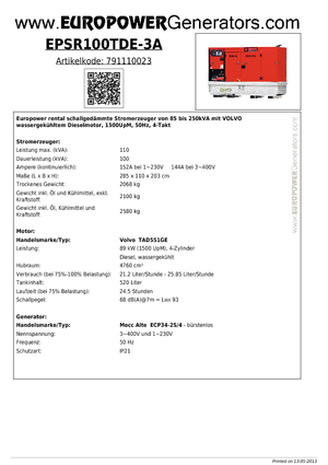 Дизельні генератори Europower EPSR100TDE-3A (MA)