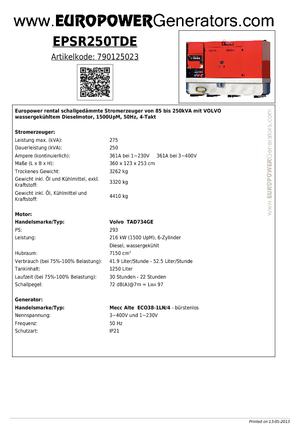 Дизельні генератори Europower EPSR250TDE (MA)