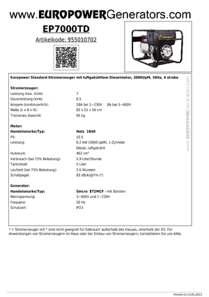 Дизельні генератори Europower EP7000TD (S)