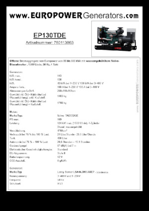 Дизельні генератори Europower EP130TDE (LS)