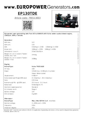 Дизельні генератори Europower EP130TDE (MA)