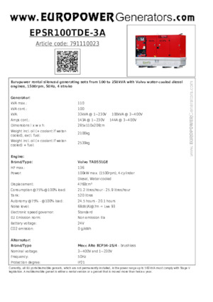 Дизельні генератори Europower EPSR100TDE-3A (MA)