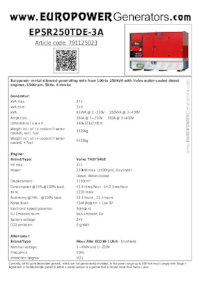 Дизельні генератори Europower EPSR250TDE-3A (MA)