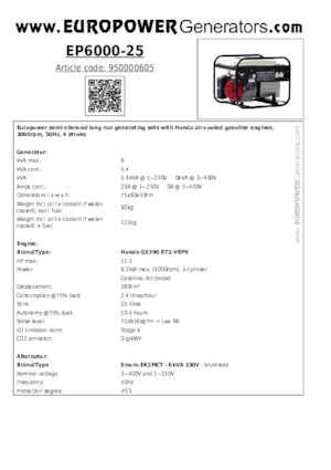 Бензинові електрогенератори Europower EP6000-25 (S)