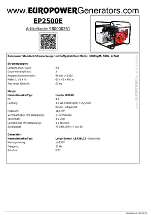 Бензинові електрогенератори Europower EP 2500 E (LS)