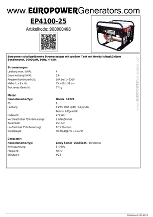 Бензинові електрогенератори Europower EP 4100/25 (LS)