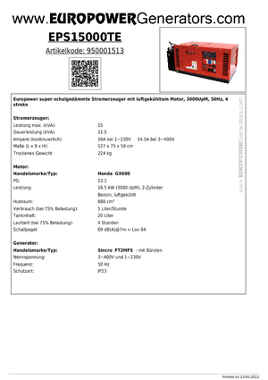 Бензинові електрогенератори Europower EPS15000TE (S)