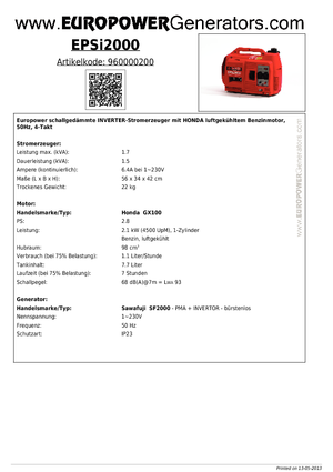 Бензинові електрогенератори Europower EPSi2000 (Sa)