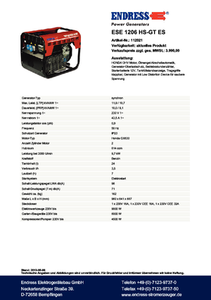 Бензинові електрогенератори Endress ESE 1206 HS-GT ES