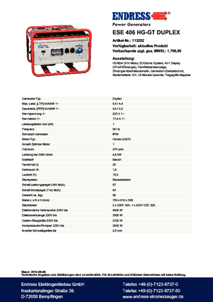 Бензинові електрогенератори Endress ESE 406 HG-GT Duplex