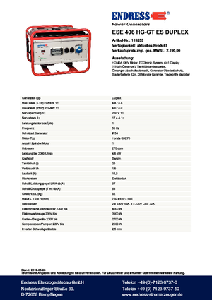 Бензинові електрогенератори Endress ESE 406 HG-GT ES Duplex