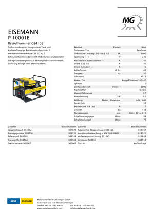 Бензинові електрогенератори Eisemann P 10001 E