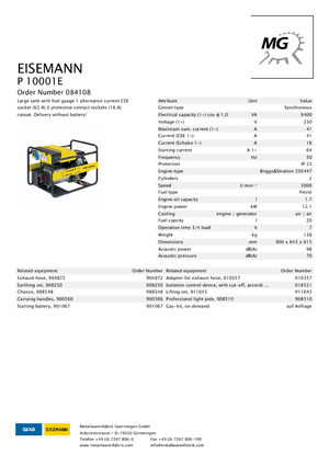 Бензинові електрогенератори Eisemann P 10001 E