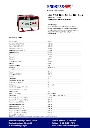 Бензинові електрогенератори Endress ESE 1006 DSG-GT ES Duplex