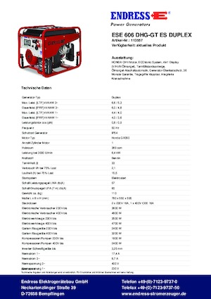 Бензинові електрогенератори Endress ESE 606 DHG-GT ES Duplex